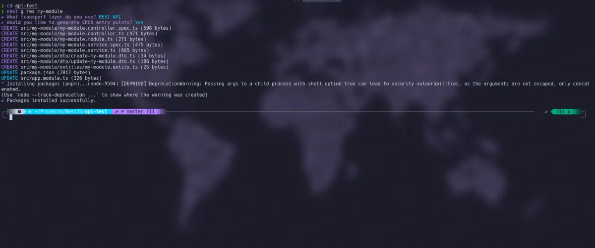 Nest CLI generate resource command results in terminal