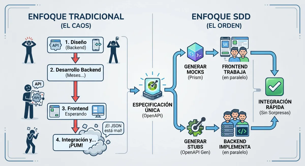 Flow comparison: The traditional approach (left) generates bottlenecks and integration errors. Spec-Driven Development (right) uses the OpenAPI specification as the 'single source of truth', allowing Frontend and Backend to progress in parallel without final surprises.